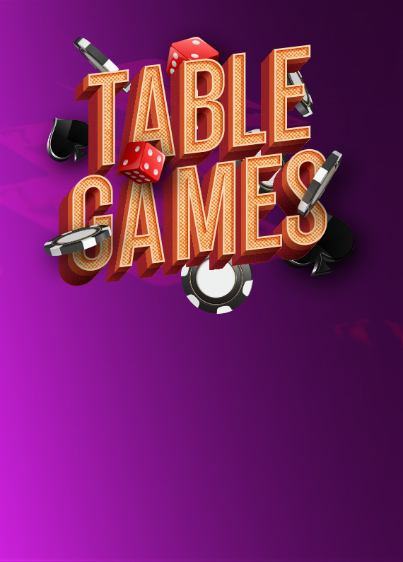 Blackjack chips surround the words Table Games, written in Vegas style letters with a red dice in the middle of the words