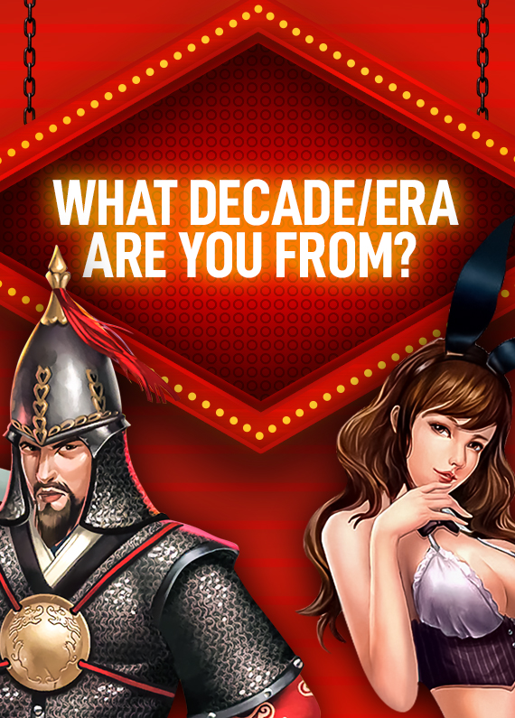 Two animated characters from Cafe Casino slot games - a knight holding a sword on the left, and a woman wearing a provocative outfit and bunny ears, stand either side of a Vegas-style neon sign that reads “What decade/era are you from?”.