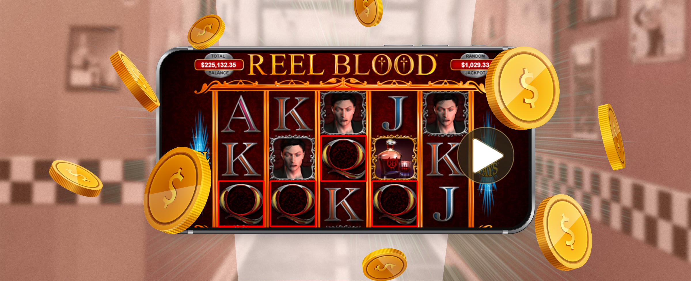 A faintly visible image of an old diner with a mobile phone picture in the center showing the Cafe Casino slot game Reel Blood, with gold coins levitating around it