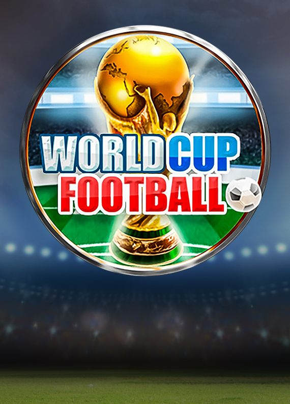 An out-of-focus sports field lit up at night with the Cafe Casino slot game ‘World Cup Football’ featured in the center, showing a golden trophy, soccer ball, and the words “World Cup Football”.