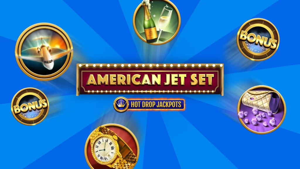 The Cafe Casino slot game logo for American Jet Set is in the middle, with the Hot Drop Jackpots logo beneath. Slots symbols are floating around the logos.