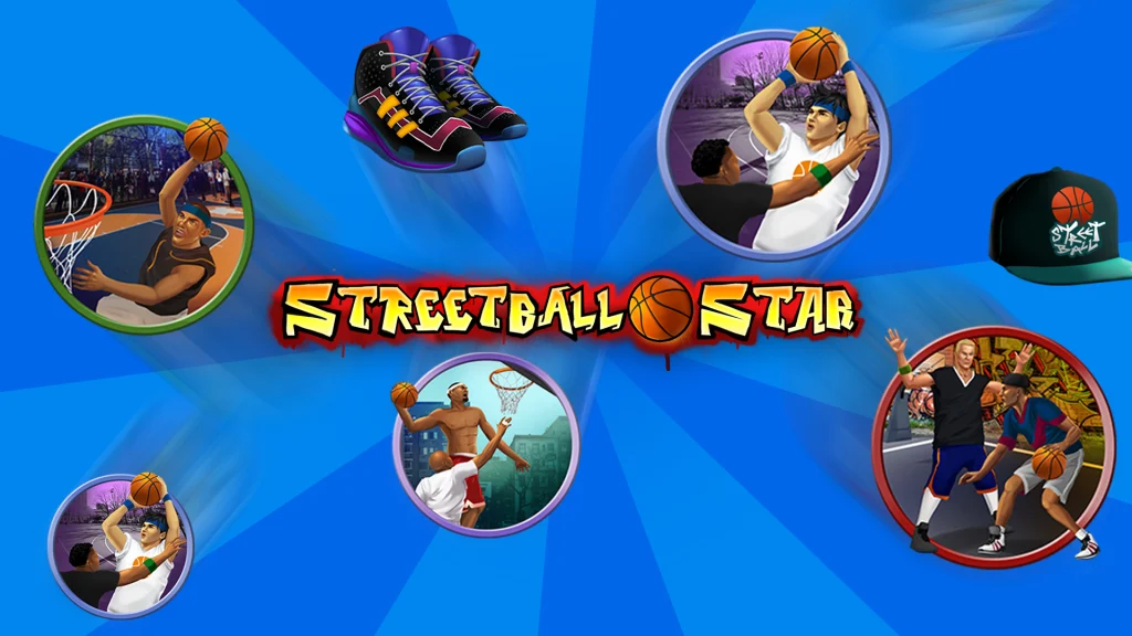 The logo from the Cafe Casino online slot Streetball Star, set in front of a blue background with slots symbols around it.
