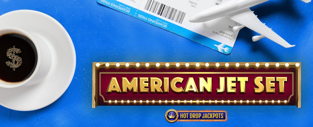 A toy airplane rests on a flight ticket sitting on a blue table, opposite a saucer and coffee cup filled with black coffee and a dollar sign sprinkled in gold, while featured prominently is the Cafe Casino slot game logo from American Jet Set Hot Drop Jackpots.