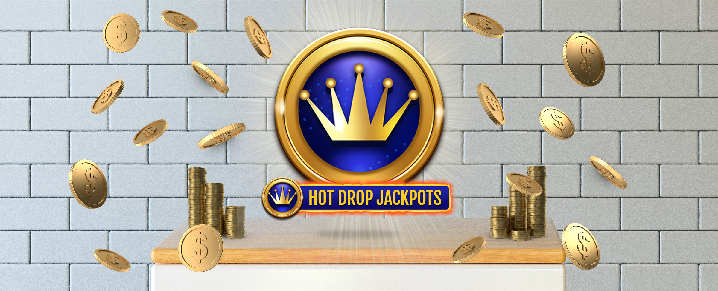 Cafe Casino Hot Drop Jackpots logo hovers above a kitchen cabinet flanked on either side by coin stacks, surrounded by oversized gold coins floating around it. A white subway-tiled wall is seen in the background.