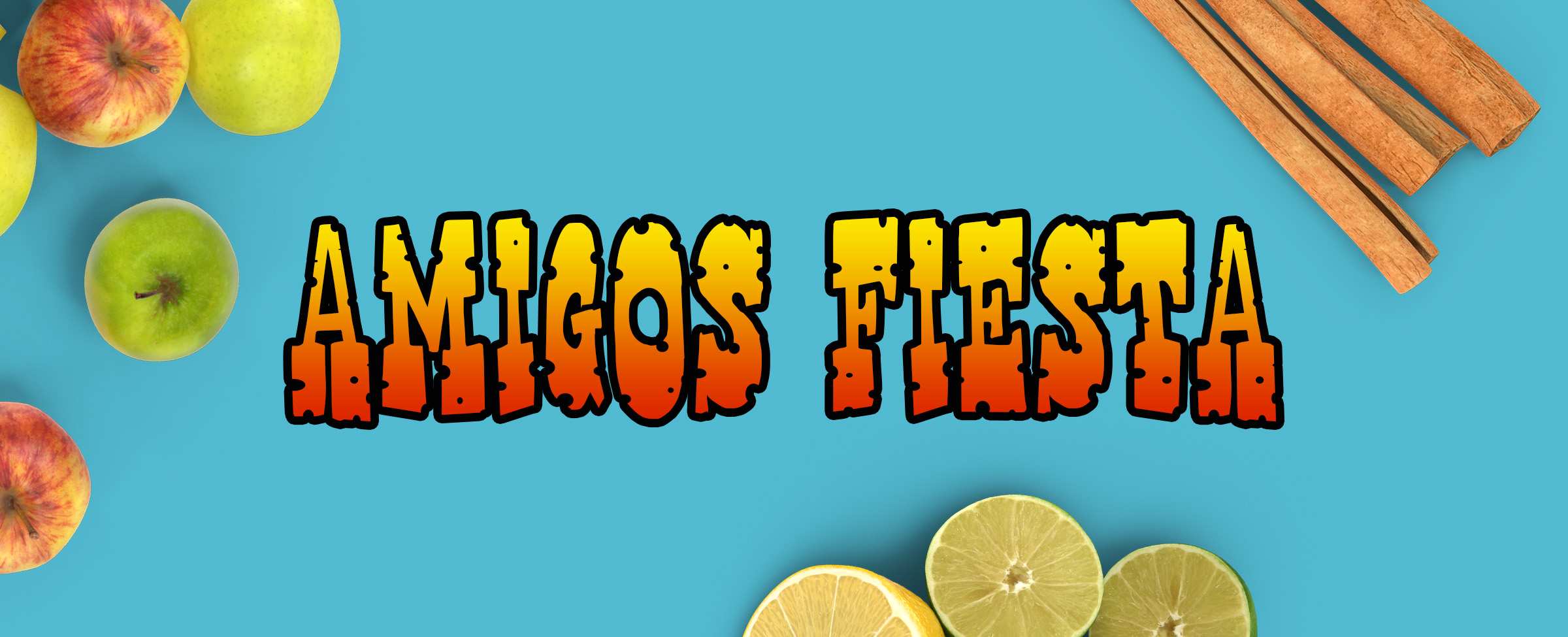 The logo for Amigos Fiesta from the Cafe Casino slot game is featured on top of a blue table surface, surrounded by apples, cut limes and cinnamon sticks. 