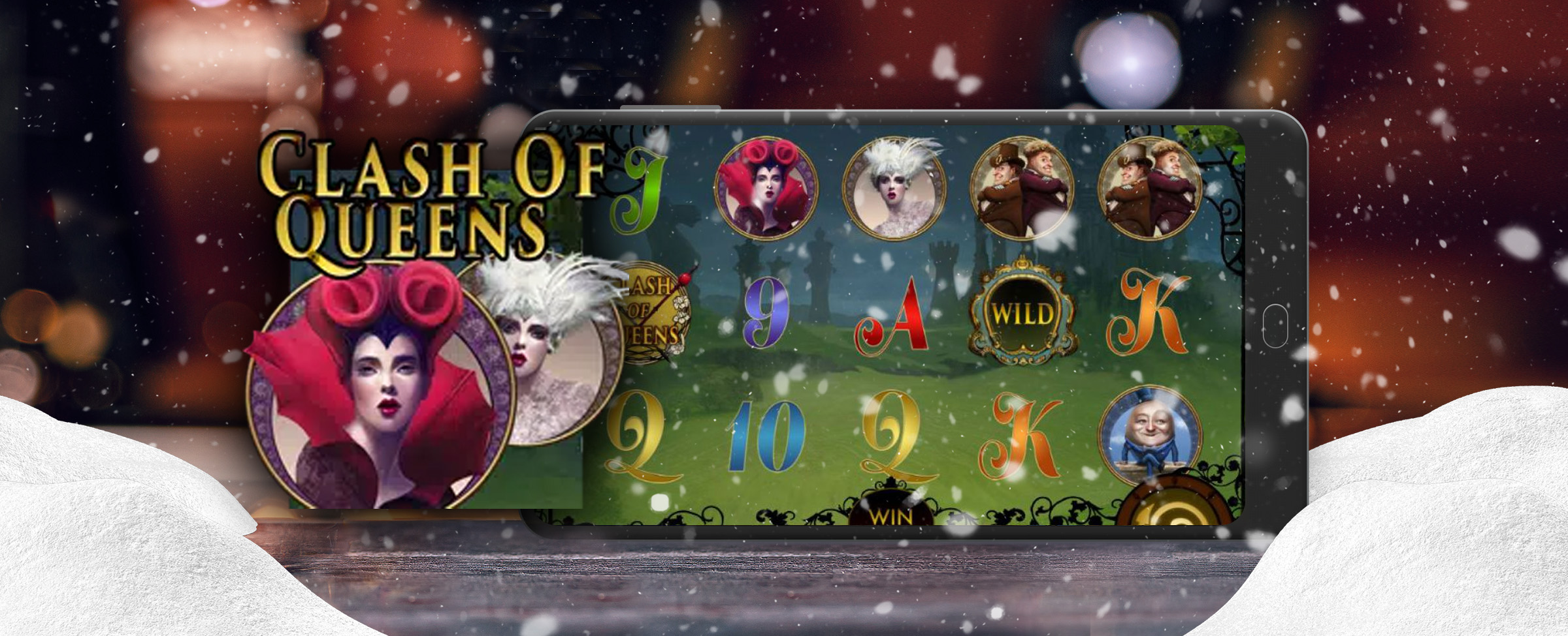 A mobile phone rests on a dining table flanked by snow either side, while the Clash of Queens logo from the Cafe Casino slots game features prominently to the left, with out-of-focus snow falling all around, and the barely identifiable diner in the background.