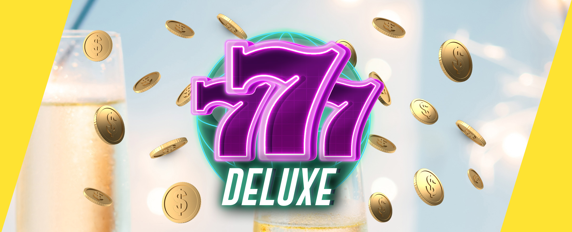 The 777 Deluxe logo from the Cafe Casino slot game is featured in the center of the image, surrounded by hovering gold coins, and sitting beside a frosty soda drink.