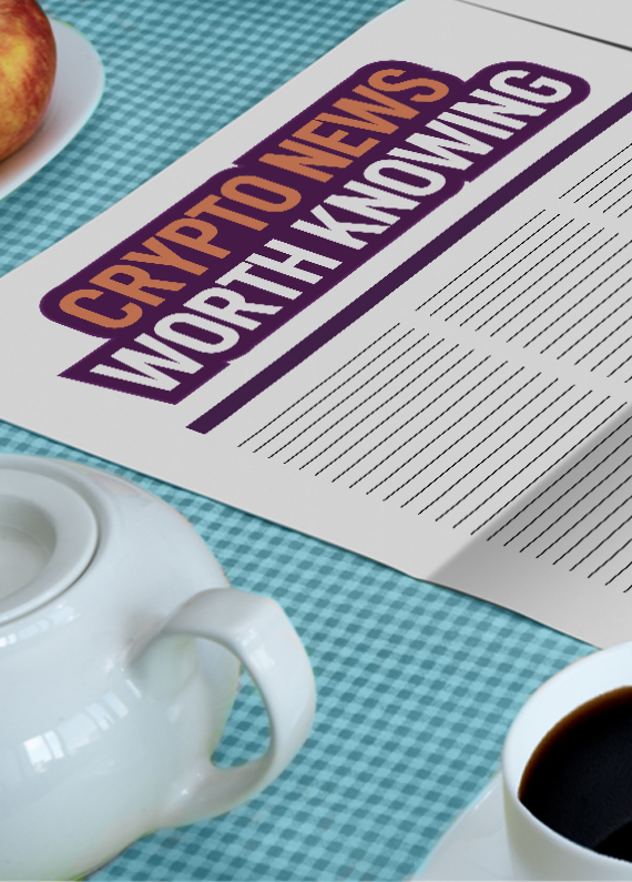 A newspaper spouting the headline “Crypto News Worth Knowing” sits open on a blue-checkered tablecloth, complimented by a white ceramic coffee pot, a mug of black coffee, and a plate with apples.