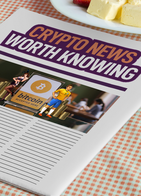 A newspaper sits on a red and white checkered tablecloth, with a headline reading “Crypto News Worth Knowing”, while below the headline is an image featuring two 3D-animated characters from Cafe Casino slot games, who are standing either side of a sign that reads “bitcoin accepted here”. Above, is a white saucer with butter cubes.