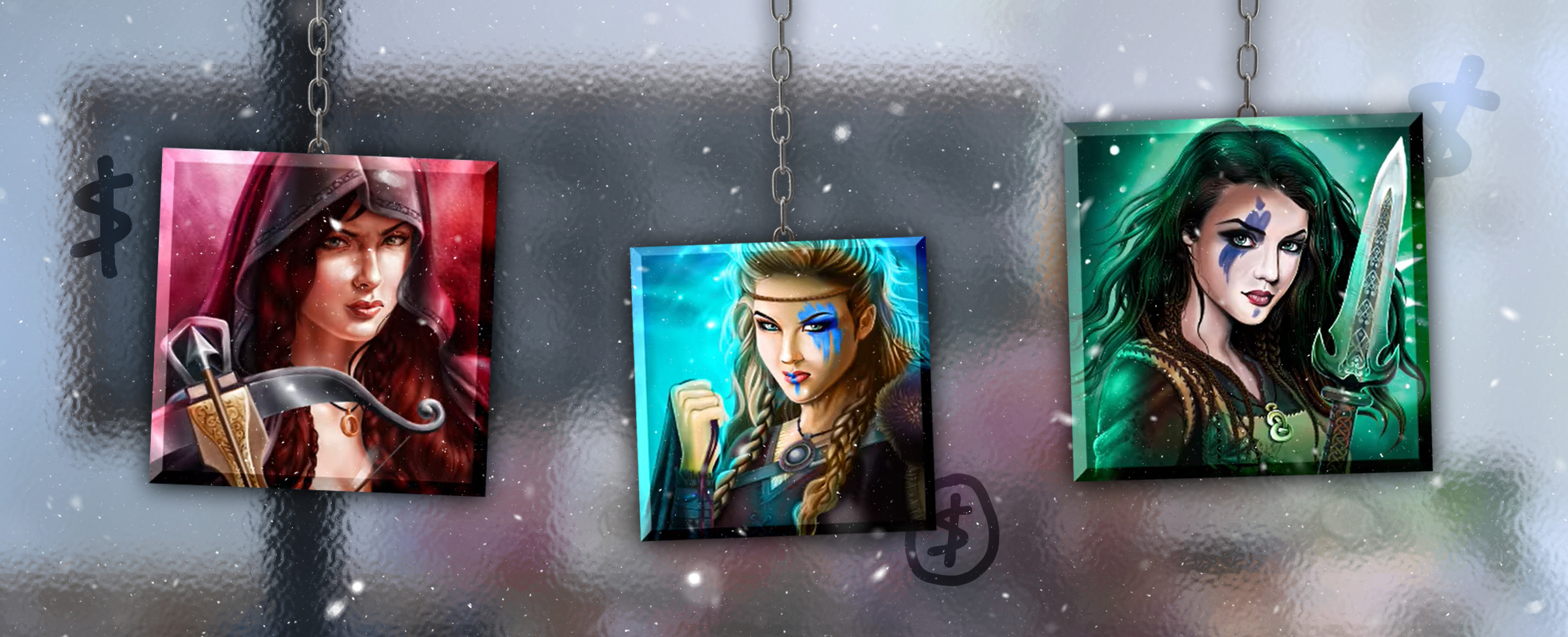Three illustrated portraits of game characters in the Cafe Casino slot game - Reindeer Wild Wins XL - hang down a glazed shop front window by thin silver chains.