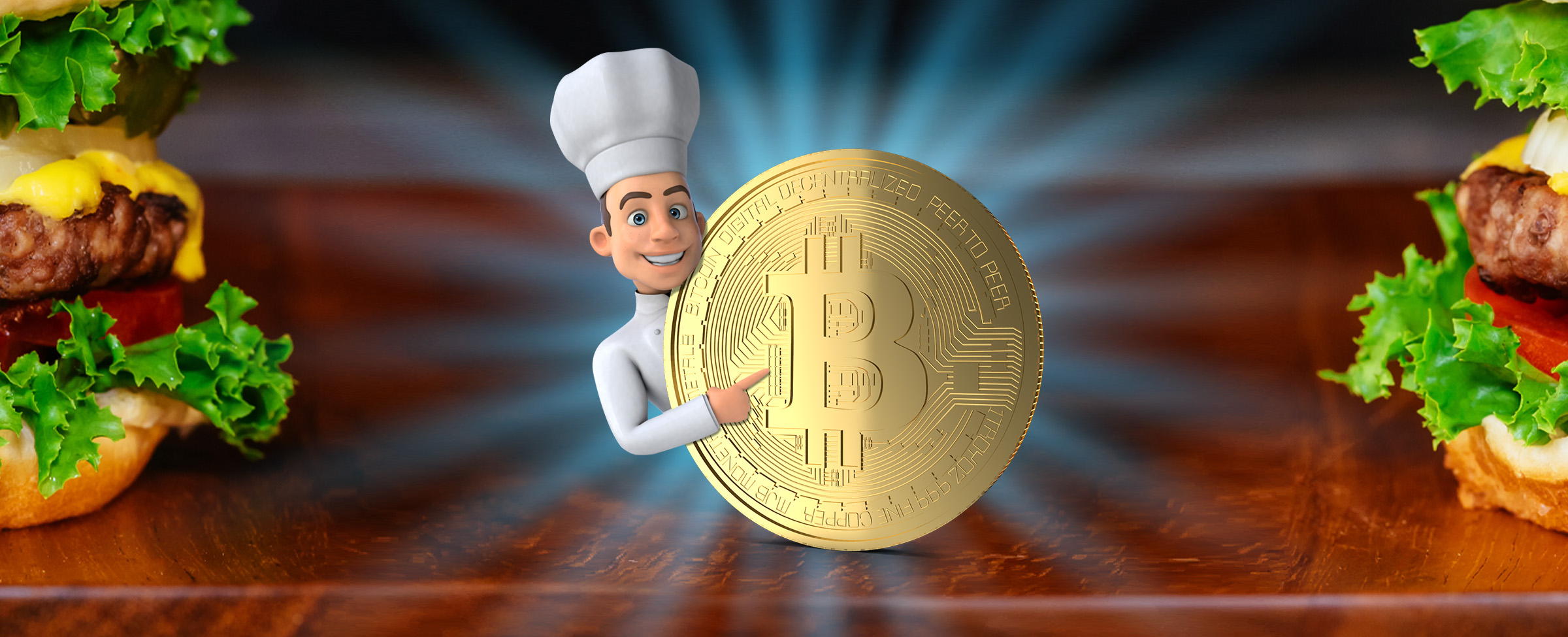 A miniature 3D-animated chef is seen peeking from behind an oversized bitcoin, pointing at the ‘B’, positioned on top of a dark wooden bench, flanked either side by two beef burgers.