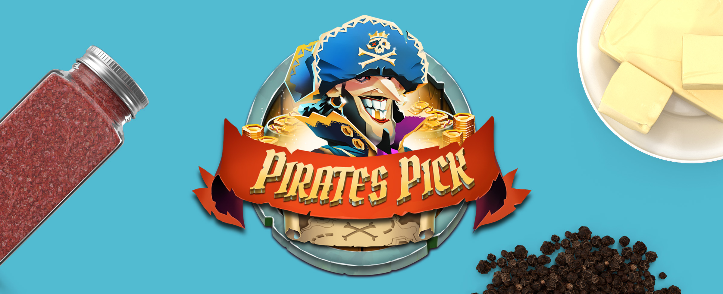 The Cafe Casino slot game Pirates Pick is shown in the center of a blue table surface, flanked by dried cloves, a small bowl of butter, and a spice bottle with red spice.