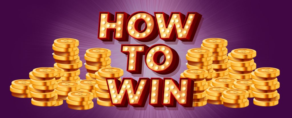 Two stacks of gold coins against a purple background featuring the words How to Win, illustrated in Vegas-style font over the top