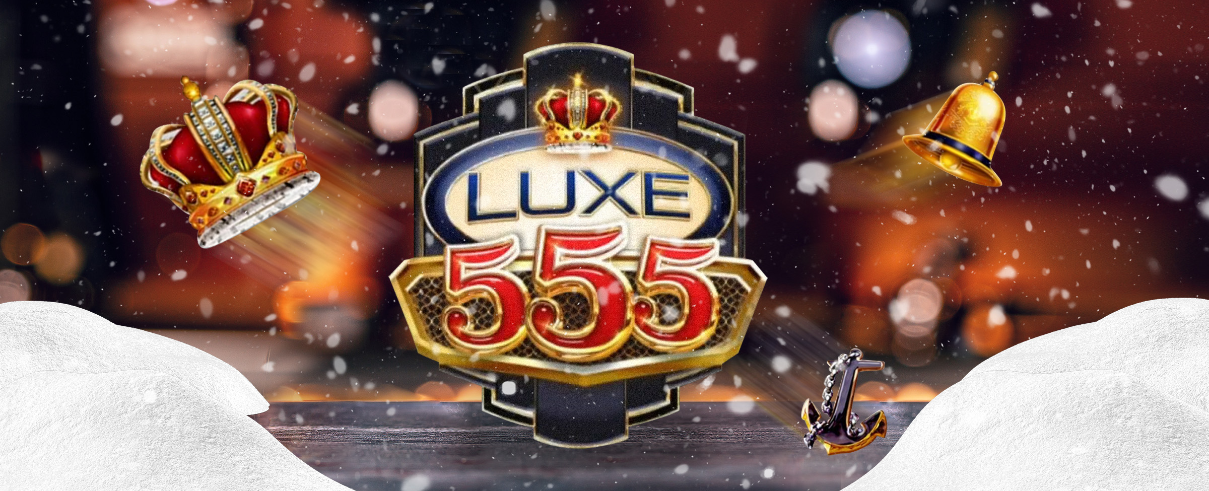 A dining table appears in the foreground flanked by mounds of snow set against an out of focus diner, while the Luxe 555 logo from the Cafe Casino slot game features in the middle, and a royal crown flying diagonally from the logo on one side, and a golden bell on the other.