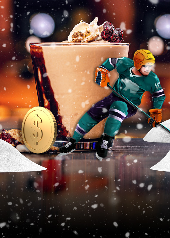 An illustrated hockey player graces the image, appearing to play atop a diner table flanked by snow, with an iced mocha latte positioned behind him, and the faint appearance of a diner in the background.