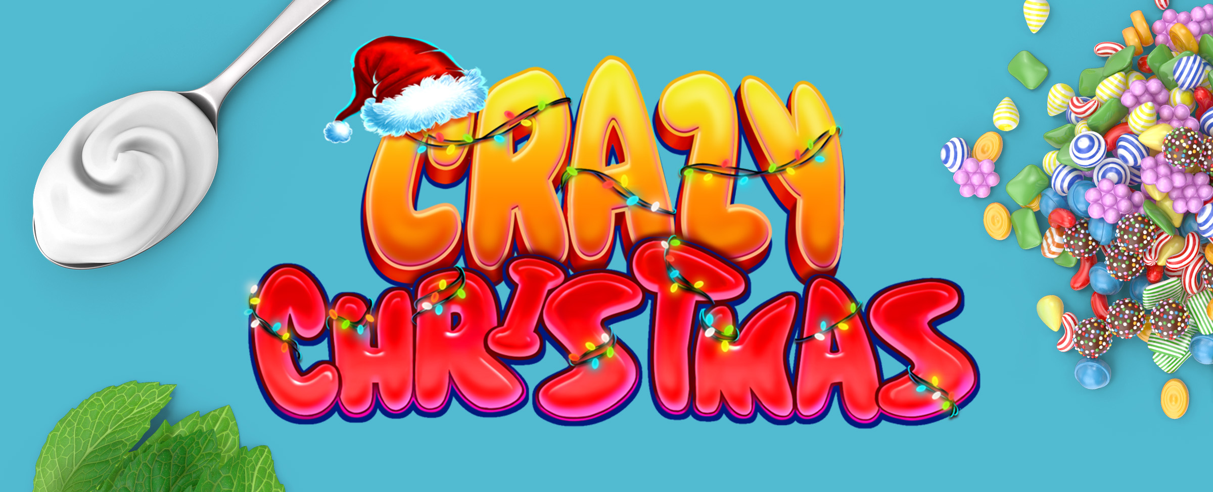 A blue table surface with a silver spoon and yogurt, an assortment of candies, mint leaves, and the logo of the Cafe Casino slot game Crazy Christmas, showing a Santa hat above the C in Crazy.