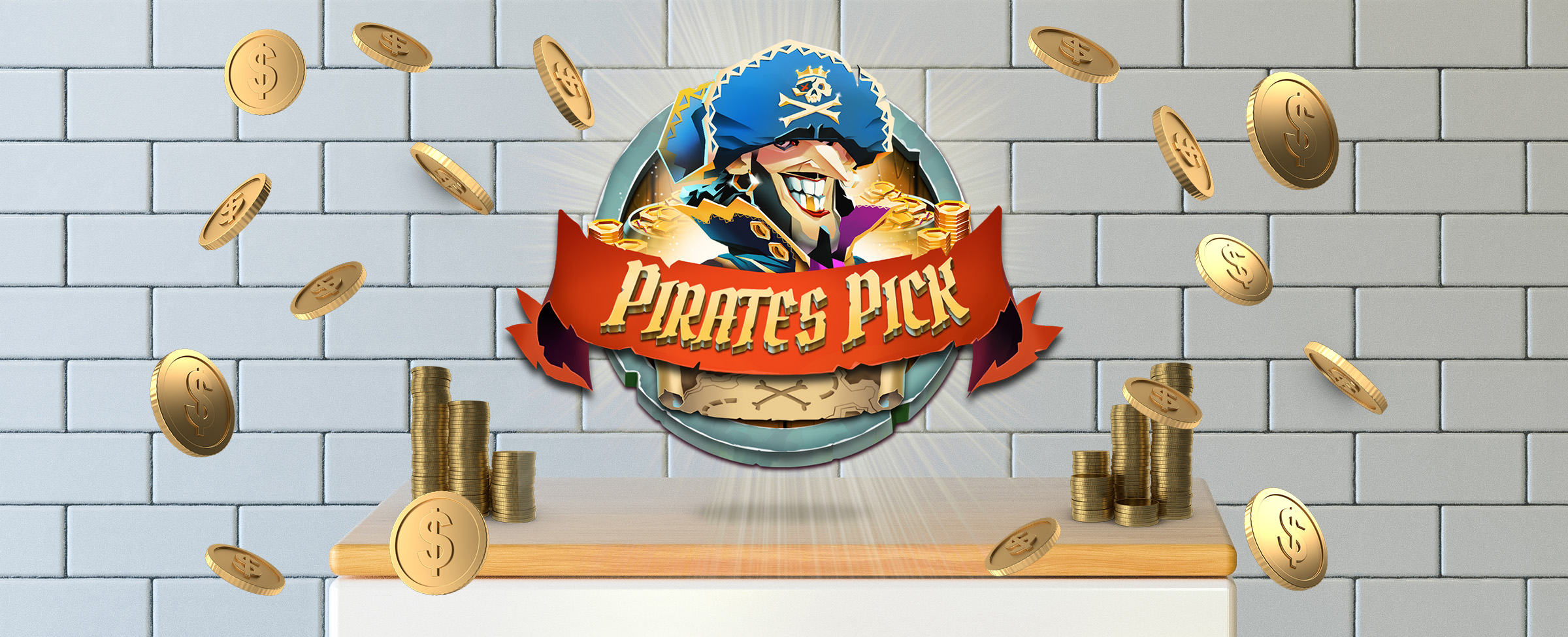 A Cafe Casino slot game logo, titled Pirate’s Pick, hovers above a timber kitchen cabinet, flanked by stacks of coins, surrounded by floating oversized coins. The background is a crisp, white subway-tiled wall.