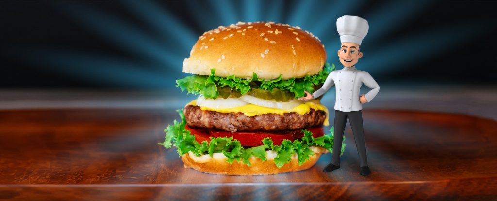 A towering beef burger sits on top of a dark wooden bench, emitting beams of light from every direction, while in front, a miniature 3D-animated chef stands, gesturing towards the burger.