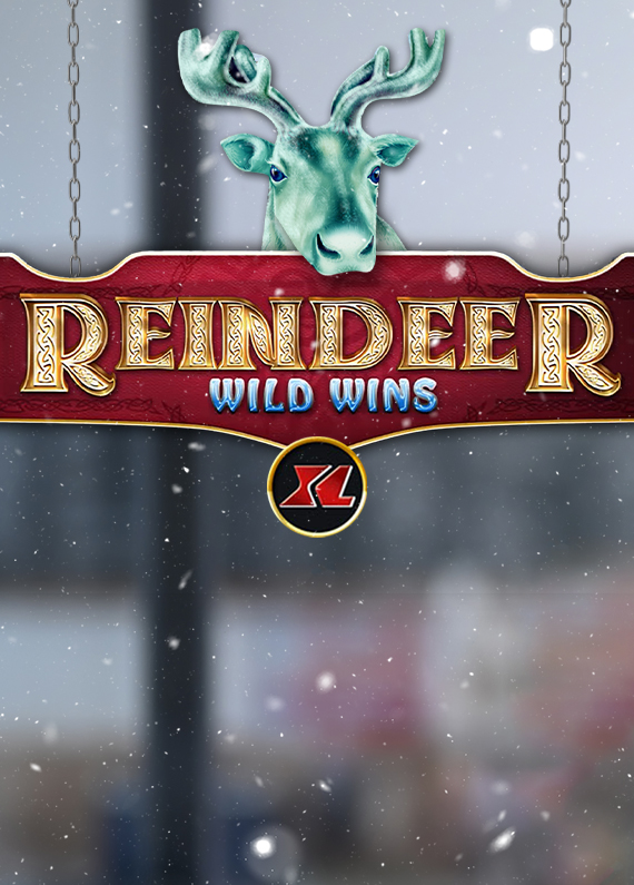A sign that says Reindeer Wild Wins XL (A Cafe Casino online slots game), hangs on thin chains as an aqua-colored reindeer pokes out from above it.