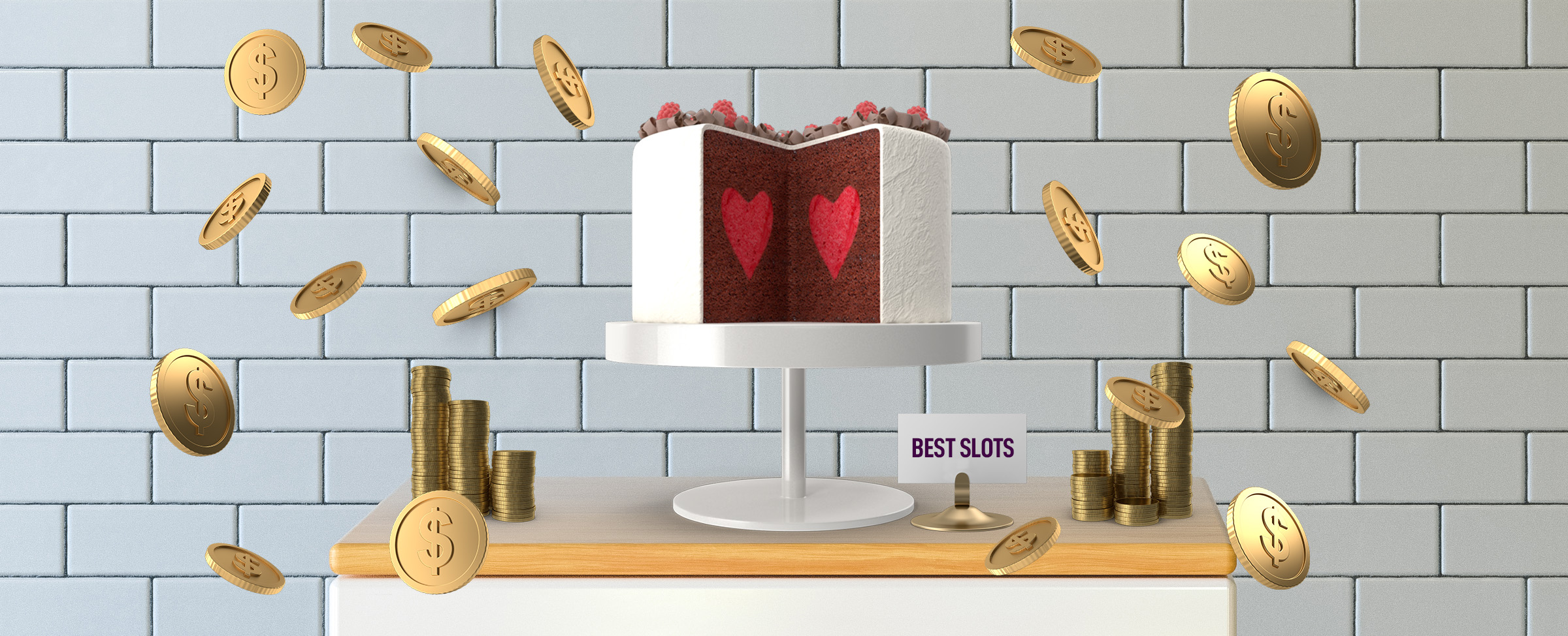 A cake and its accompanying white cake stand sit on a wooden bench in front of a wall clad in crisp white subway tiles. Either side of the cake stand are stacks of coins, surrounded by oversized hovering coins. A small sign beside the cake reads “Best Slots”.