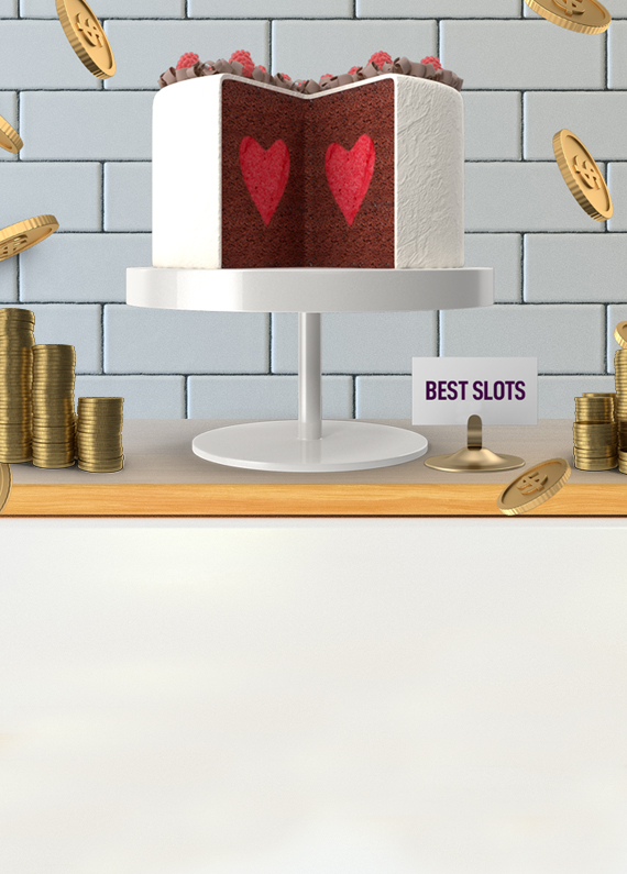An elaborate cake with a thick slice removed showing chocolate sponge with red love hearts appears on a cake stand, sitting on a kitchen bench with a white subway tiled wall in the background. On the bench top are stacks of coins, with a number of oversized gold coins hovering around the cake.