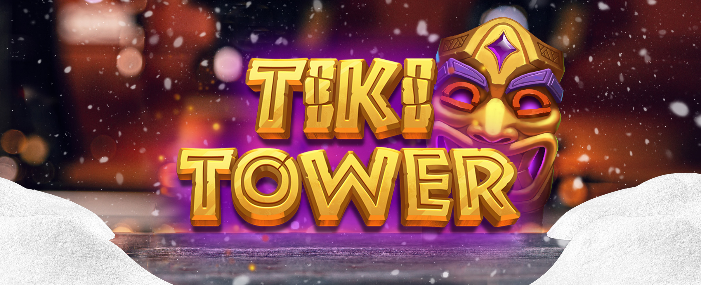 The Tiki Tower logo from the Cafe Casino slot game is featured in the middle, hovering above a dining table with snow mounding up either side, with snow falling all around and an out of focus diner in the distance.
