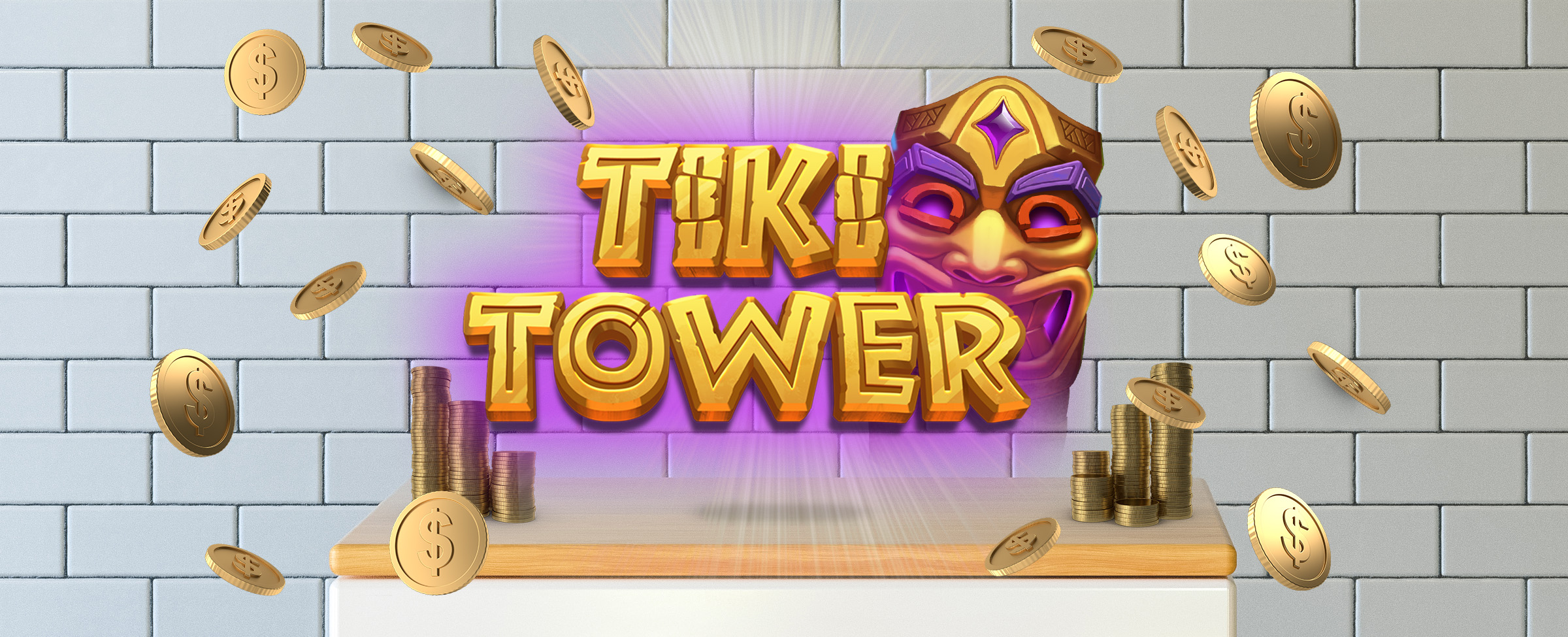The Tiki Tower slot game logo from Cafe Casino hovers above a kitchen cabinet flanked either side by coin stacks, surrounded by hovering oversized gold coins, while a white subway-tiled wall is seen in the background.