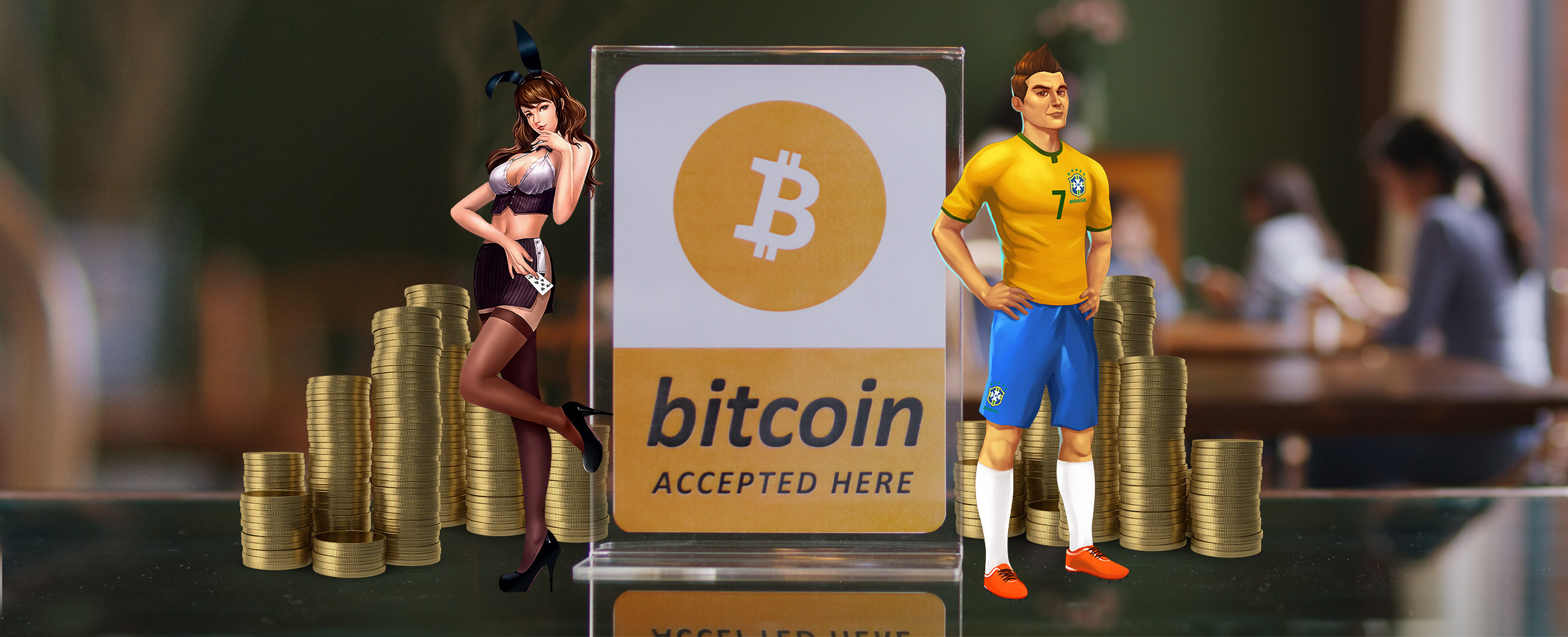 Two miniature, 3D-animated characters from Cafe Casino slot games, stand either side of a sign sitting on a table that reads ‘bitcoin accepted here’. Behind them are stacks of gold coins, and in the background, an out-of-focus cafe. 