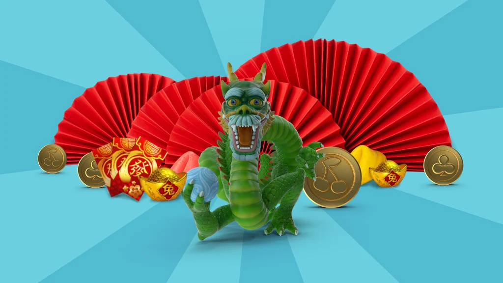 Green animated dragon holding a ball with traditional Chinese symbols in the background.