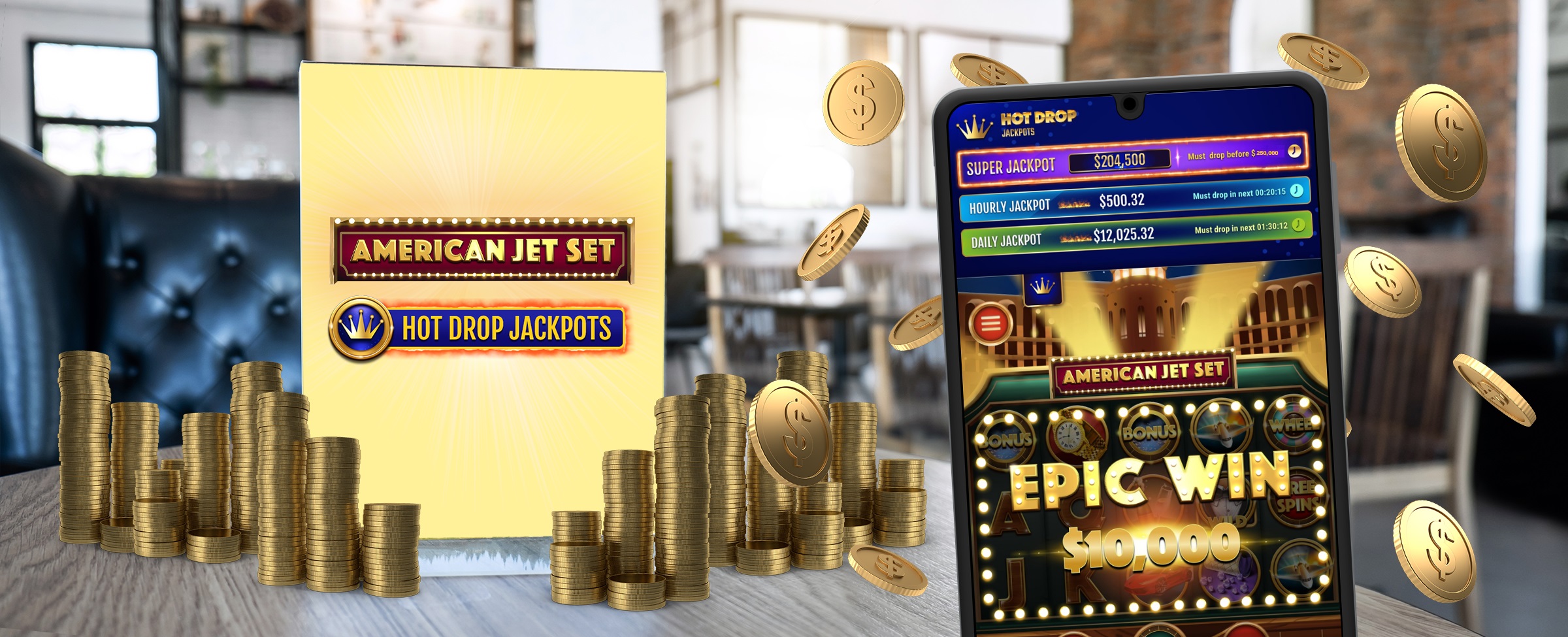 Atop a cafe bench is a stand-up menu that reads “American Jet Set Hot Drop Jackpots” – from a slot game at Cafe Casino, flanked either side by stacks of coins. To the right is a mobile phone, previewing a screen from the same game. In the background is an out-of-focus cafe.