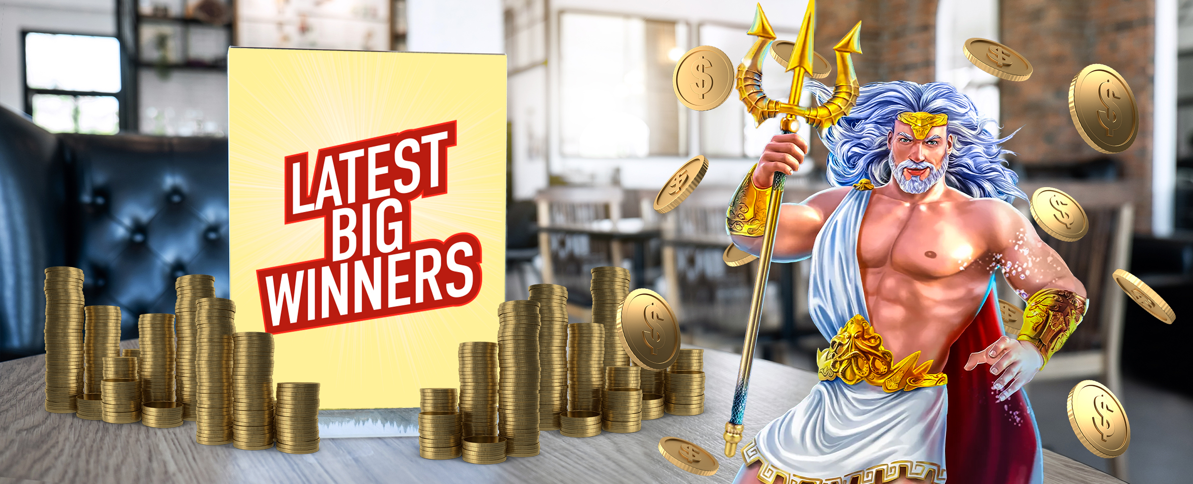 An animated character of Zeus is seen holding a staff, surrounded by floating coins. Next to him is a cafe bench with a menu that reads “latest big winners”, flanked by stacks of gold coins. In the background is an out-of-focus cafe.