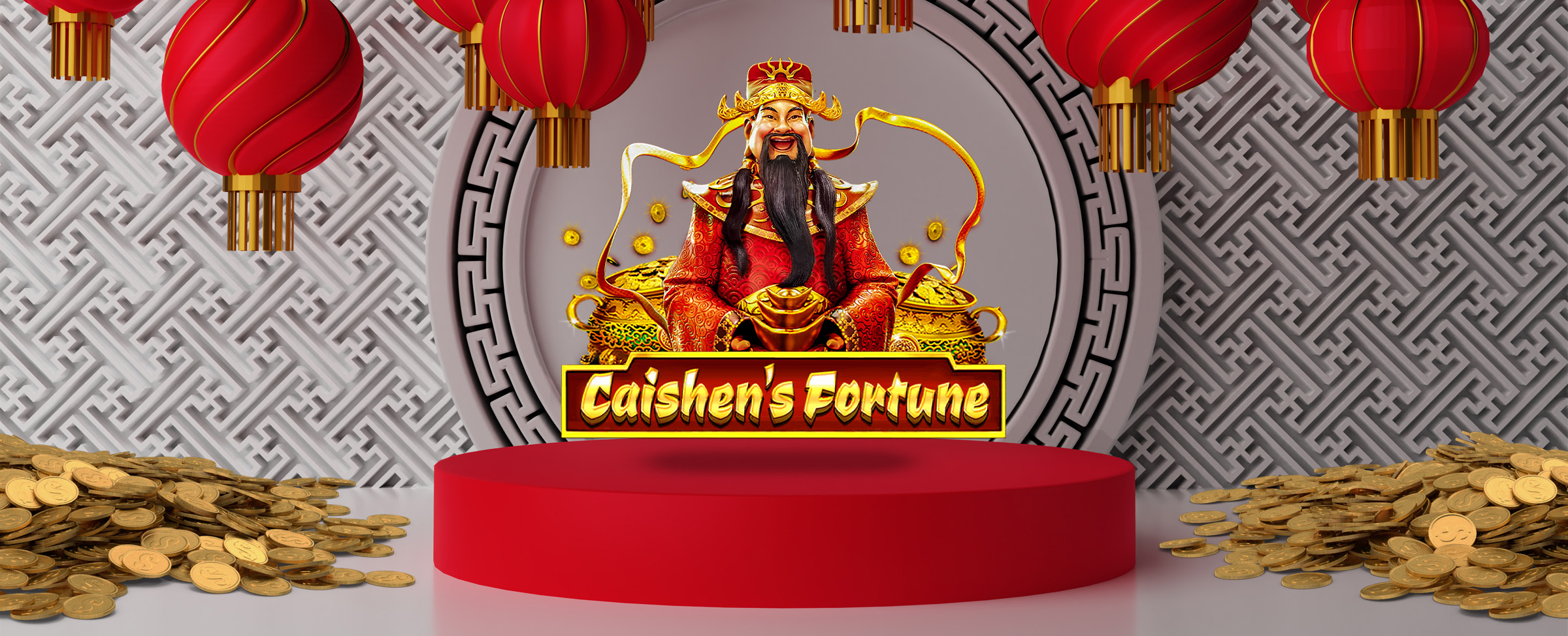 The logo from Cafe Casino’s slot game called Caishen’s Fortune XL hovers above a small red circular stage, flanked by piles of gold coins. Overhead, red lanterns hang, while in the background, a wall showing traditional Chinese patterns is seen.
