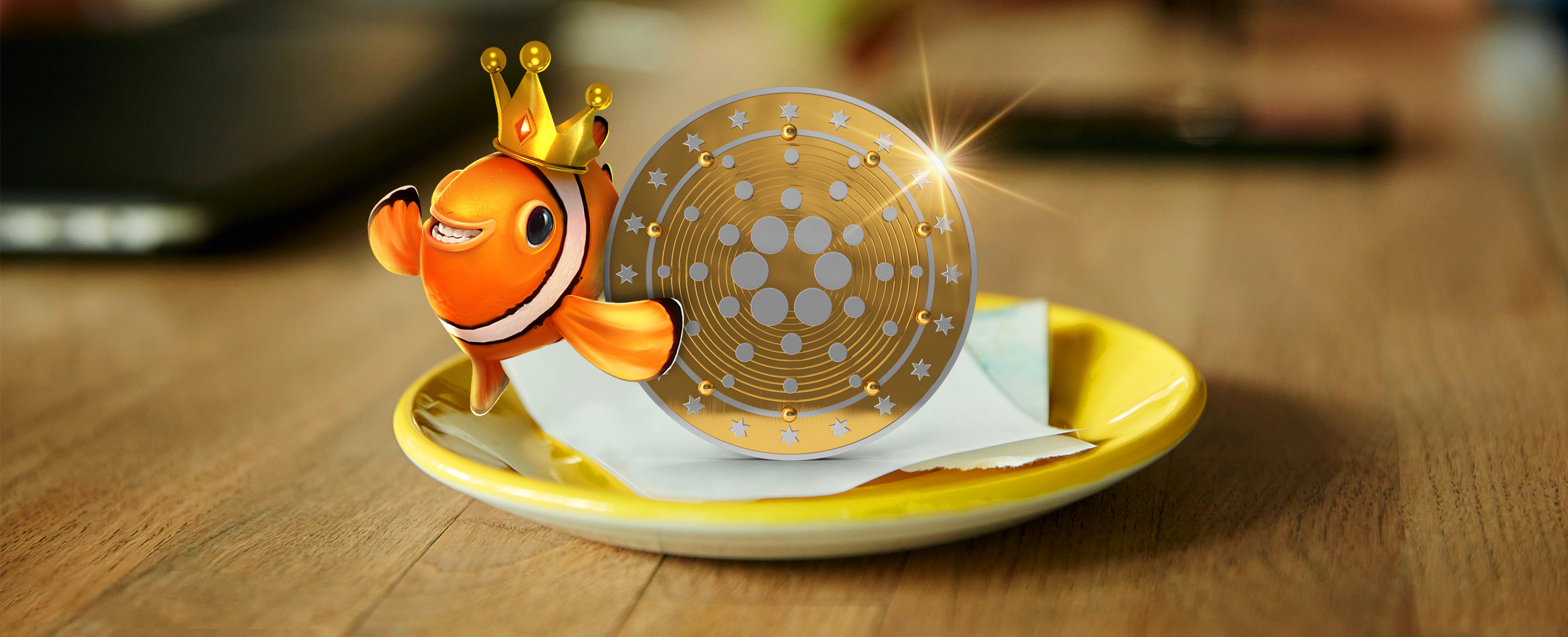A 3D-animated bright orange goldfish wearing a gold crown swims past a crypto coin, which is delicately balanced on top of a docket, laid flat on a yellow saucer that sits on a cafe bench.