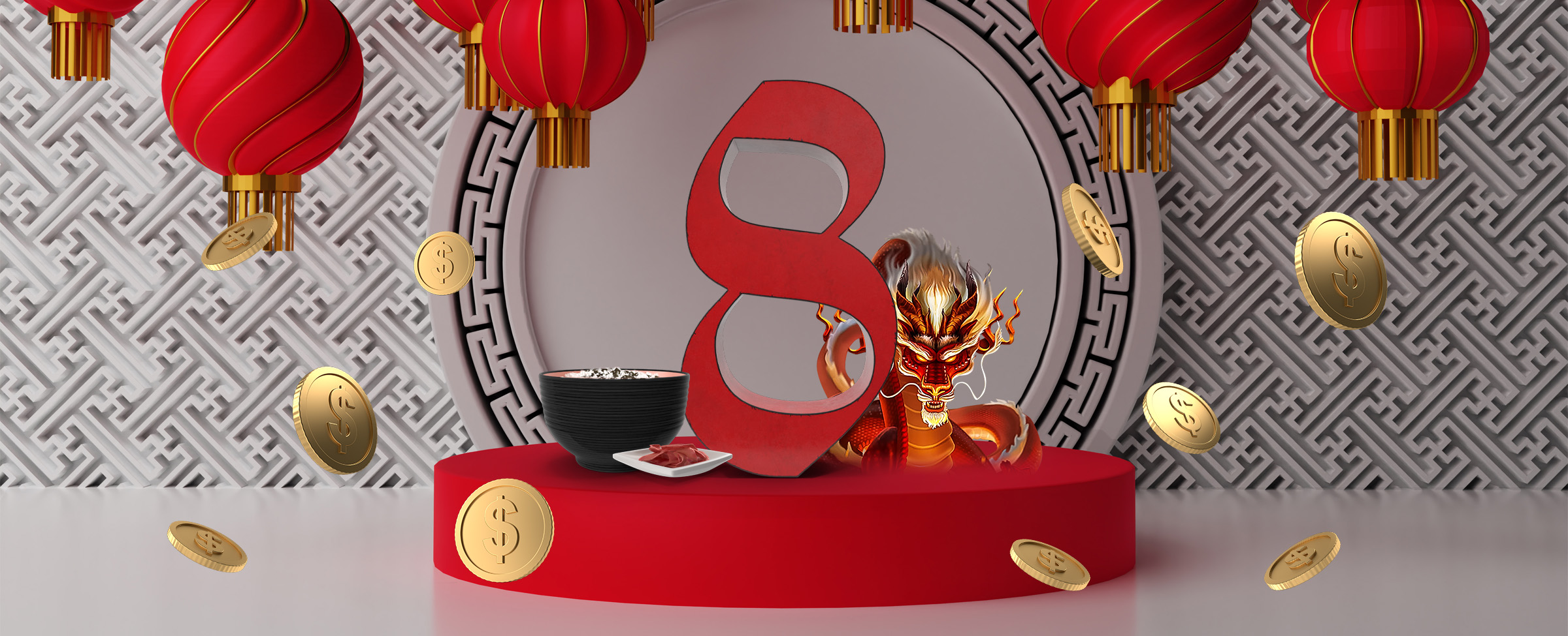 A large, cut-out letter 8 sits atop a small stage, flanked by an animated dragon from the Cafe Casino online slots game Dragon Blast, while overhead, eight red lanterns are hung, with floating coins surrounding the stage.
