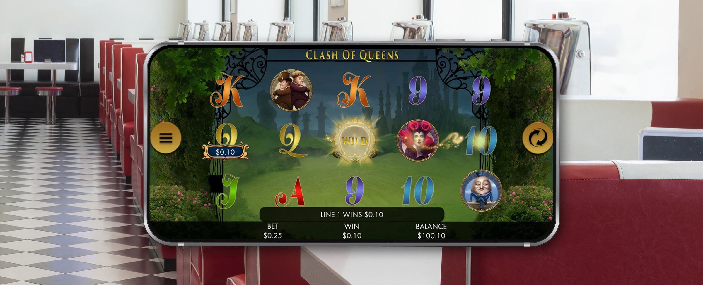 A mobile phone is shown front and center of the image, previewing a screen from the Cafe Casino slot game, Clash of Queens, while an American diner appears in the background.