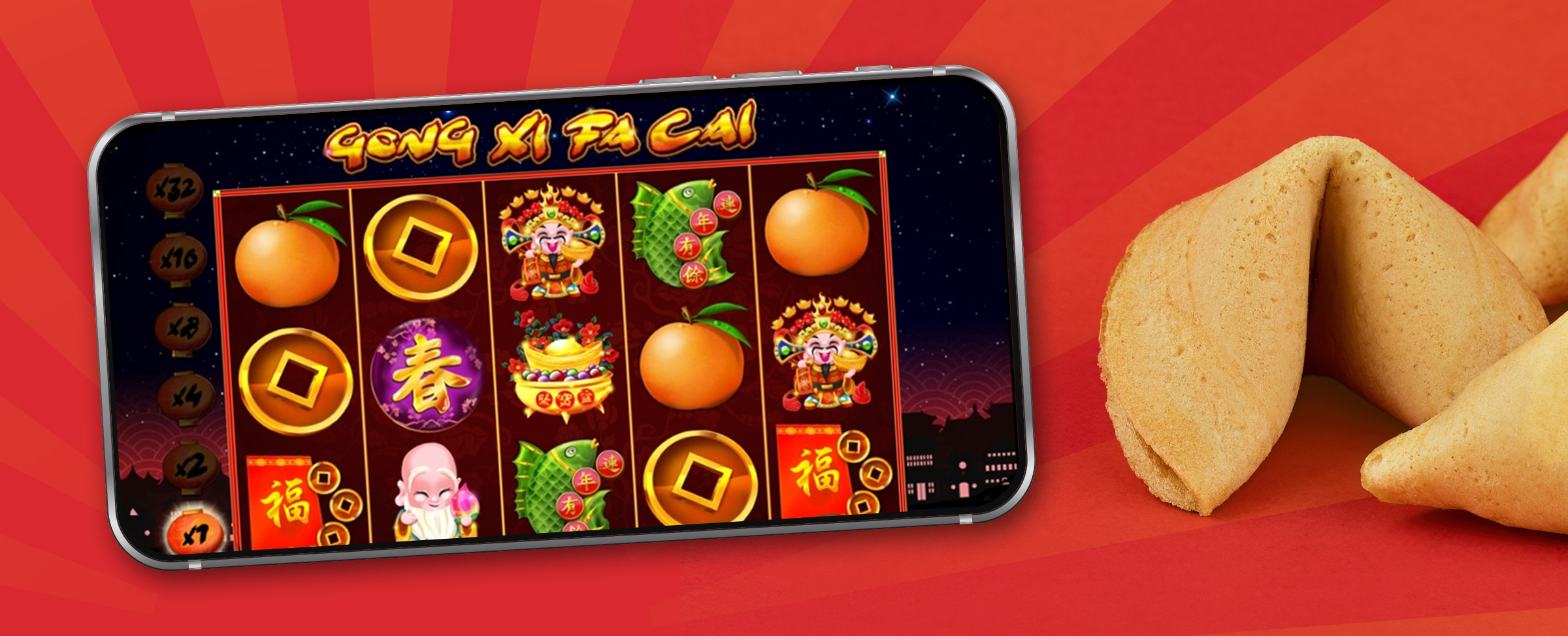 A mobile phone featuring a screenshot from the Cafe Casino slot game, Gongxi Facai, appears next to a cluster of fortune cookies, set on top of a red background.