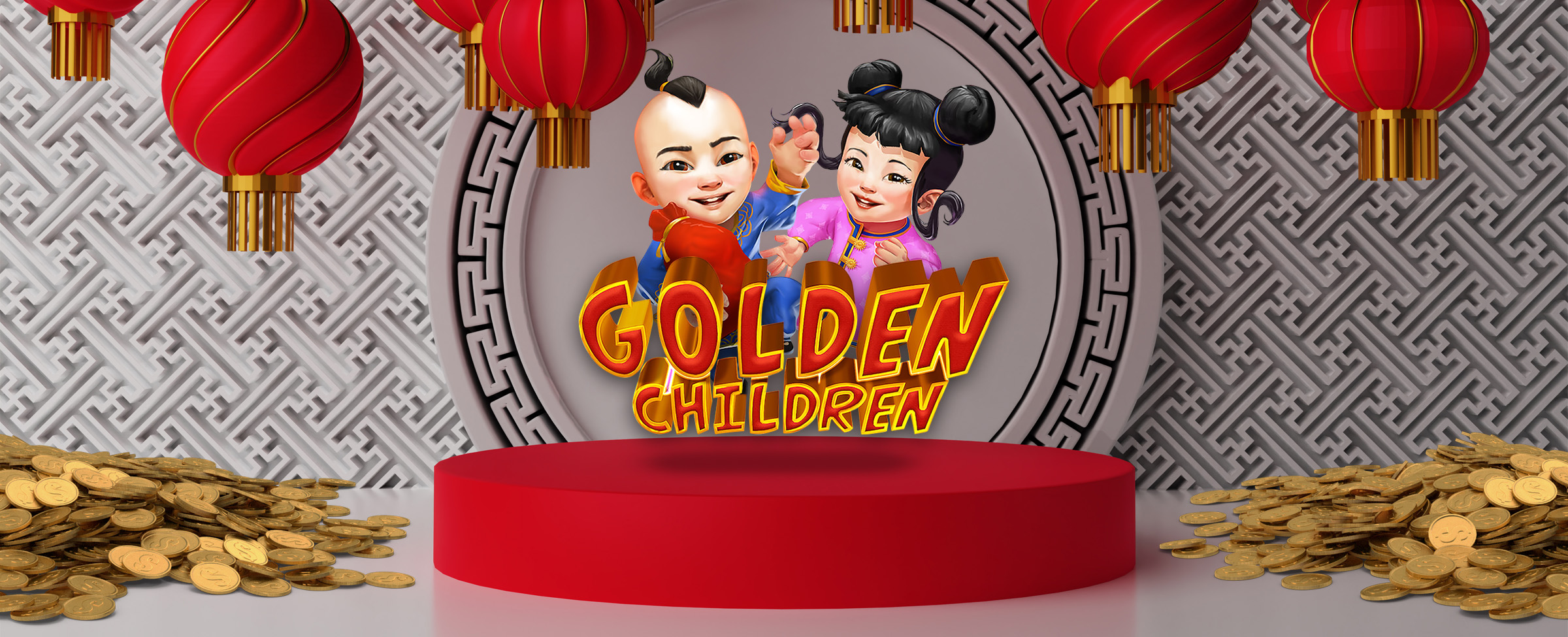 The logo from Cafe Casino’s slot game called Golden Children is seen hovering over a small, red circular stage riser, flanked by large piles of gold coins on the floor. While overhead, red lanterns hang in front of a wall decorated in traditional Chinese patterns.
