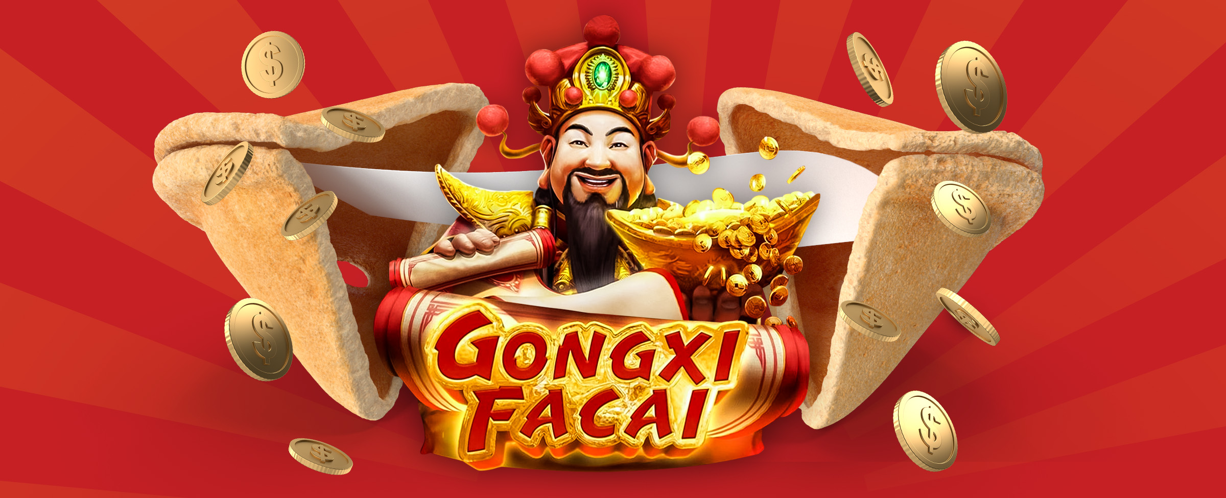The central 3D-animated character from the Cafe Casino slot game, Gongxi Facai, is featured wedged between two broken sides of an oversized fortune cookie, surrounded by gold coins in front of a red background.