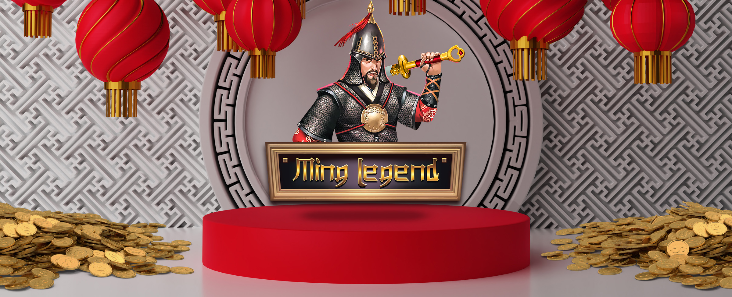 The logo from Cafe Casino’s slot game called Ming Legend appears above a small red stage riser, while on either side, large piles of oversized coins fill the floor, as lanterns appear overhead. In the background, a traditional Chinese patterned wall is seen.