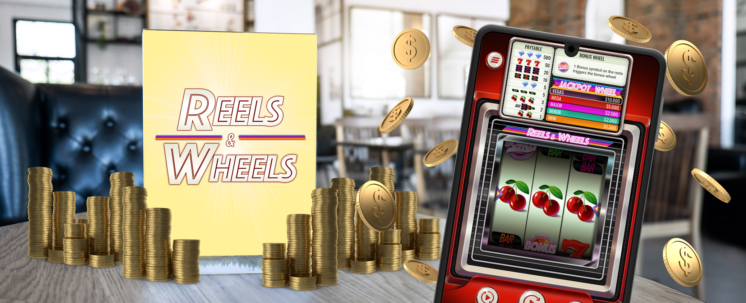 A mobile phone is featured, previewing the slot game “Reels and Wheels” from Cafe Casino. To the left, a stand-up menu is positioned on a cafe table that bears the text of the same game, surrounded by stacks of gold coins. Into the distance is the inside of an empty cafe.