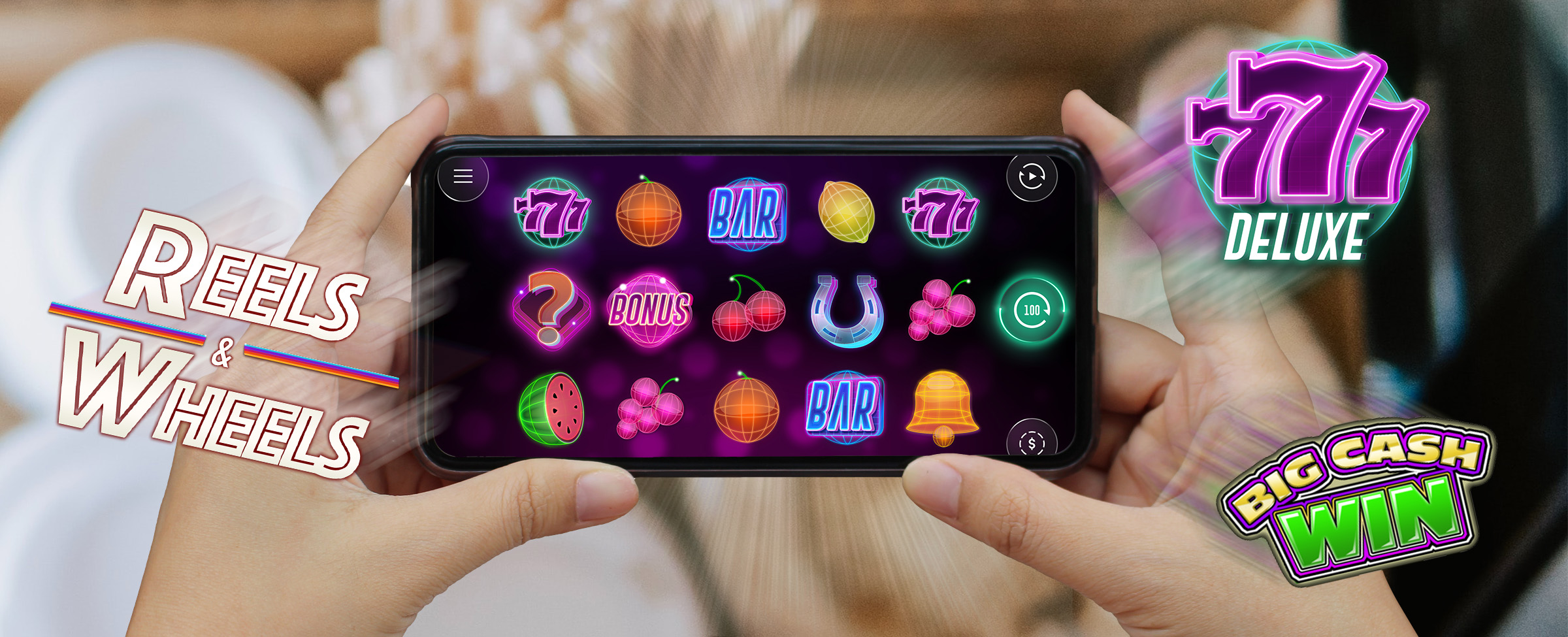 A mobile phone-oriented landscape held by two hands shows a screenshot from the Cafe Casino slot game ‘777 Deluxe’, surrounded by three slot game logos including all 777 Deluxe, Big Cash Win, and Reels and Wheels. In the background is an out-of-focus cafe table.