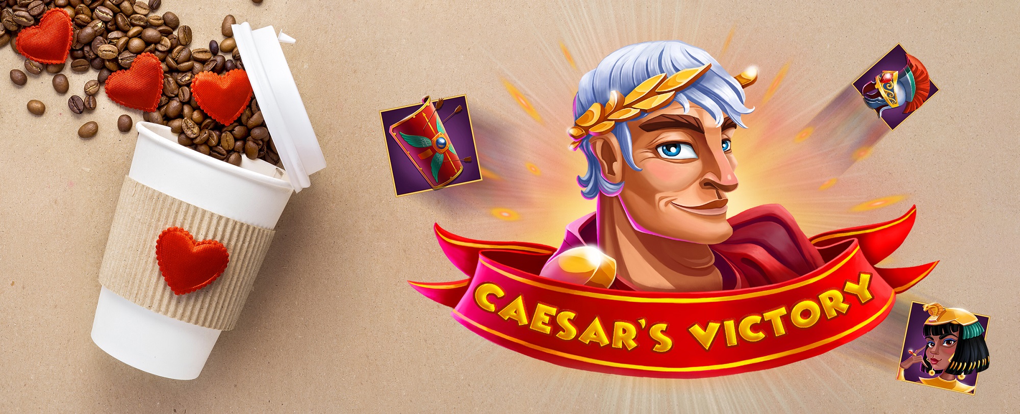 On top of a beige bench surface, we see a white reusable coffee cup with its lid open and coffee beans spilling out, accompanied by red-covered heart-shaped chocolates. To the right, the 3D-animated logo from the Cafe Casino slot game “Caesar’s Victory” is shown.