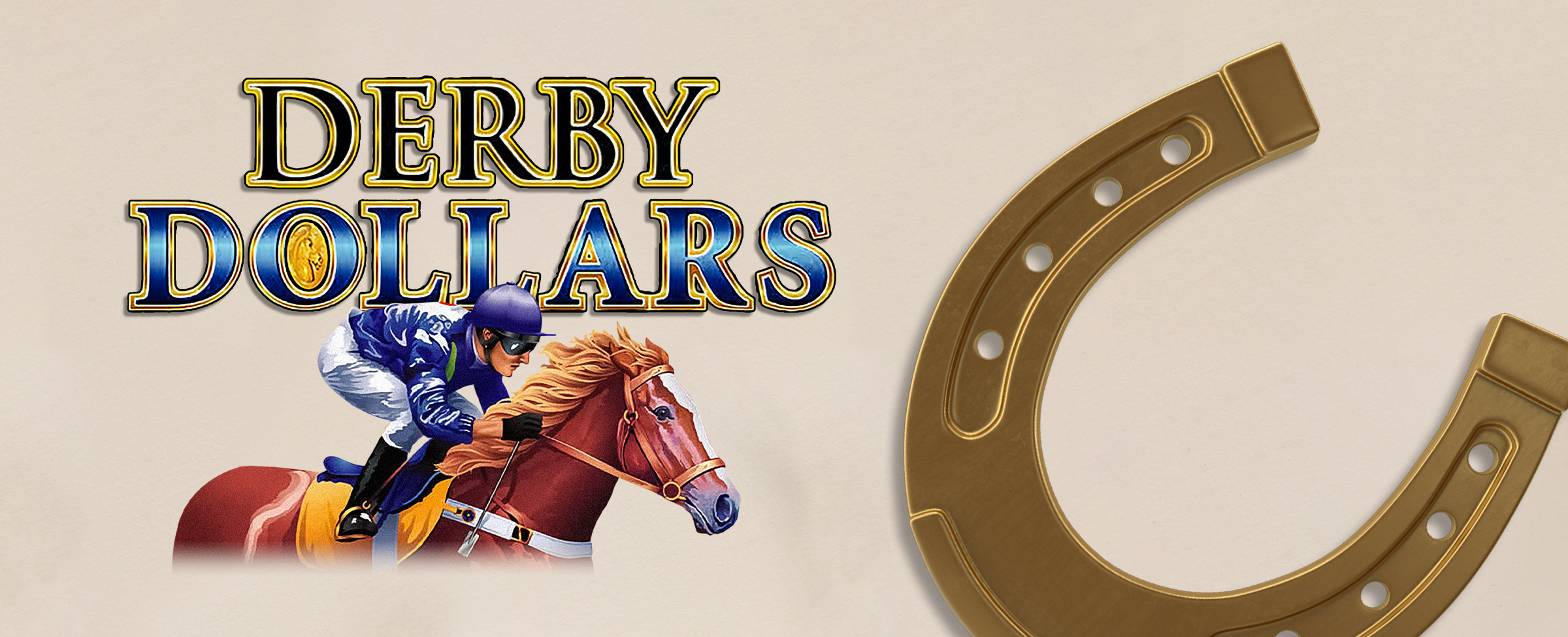 A 3D-animated horse and jockey appear beneath the words “Derby Dollars” - a Cafe Casino slot game. To the right is a gold horseshoe.