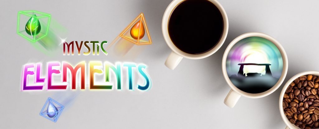Three white coffee cups are diagonally lined up on a white table surface, one filled with black coffee, another with a mythical Stonehenge-like image, and the other with roasted coffee beans. To the left, is the Cafe Casino slot game logo from Mystic Elements, surrounded by three neon elements.