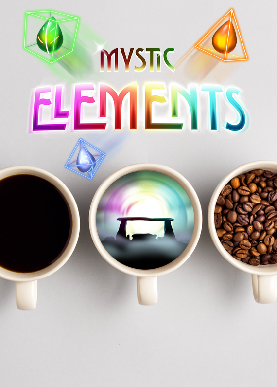 Three white coffee cups are horizontally lined up on a white table surface, one filled with black coffee, another with a mythical Stonehenge-like image, and the other with roasted coffee beans. Above, is the logo from the Cafe Casino slot game, Mystic Elements, surrounded by three neon elements.