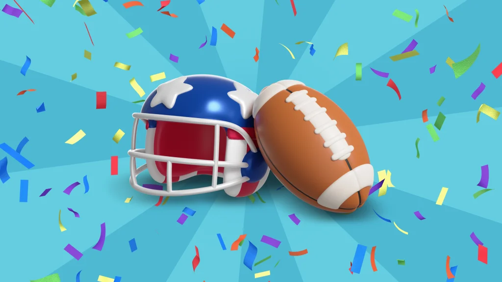 A 3D-animated football and helmet is pictured, surrounded by confetti.