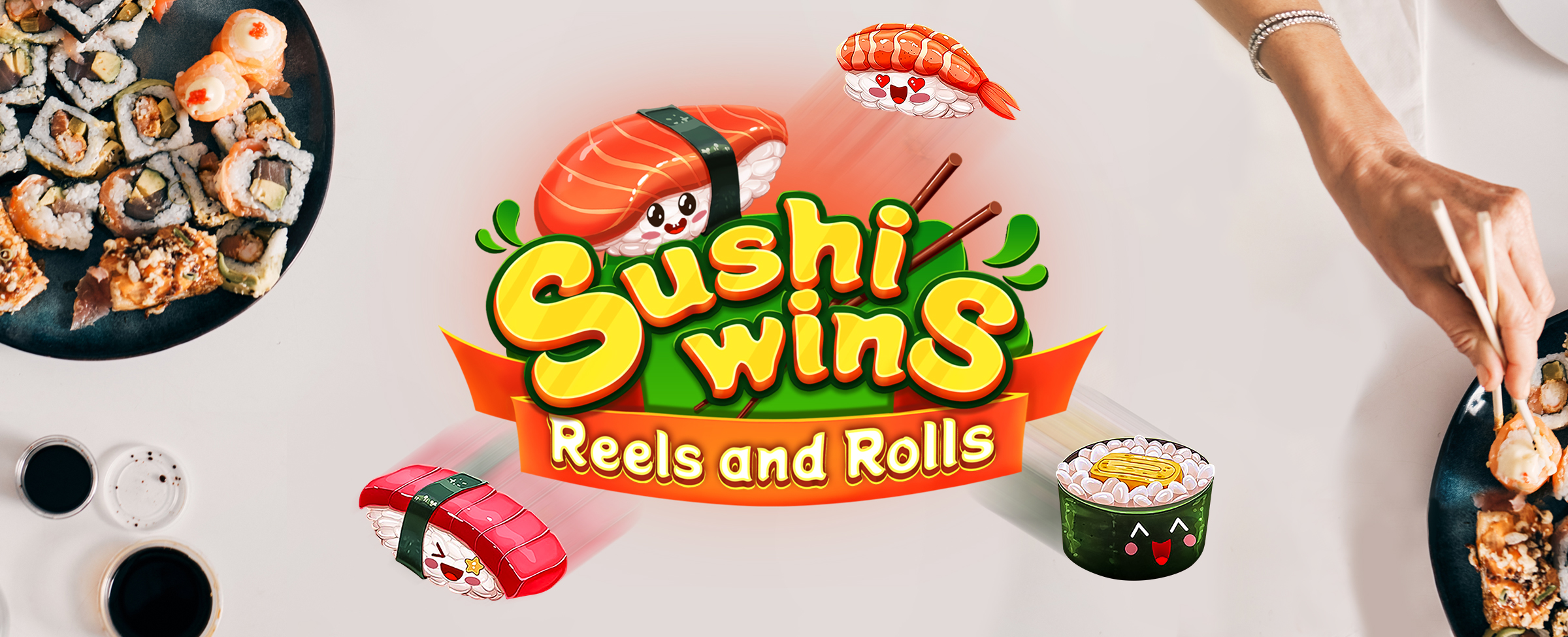 Hovering over a white bench surface is the logo from Cafe Casino’s slot game, Sushi Wins - Reels and Rolls. On either side of the screen are sushi share platters, showing a selection of sushi and sashimi.