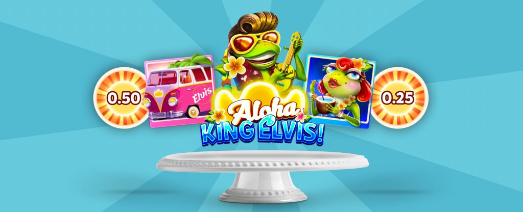 Hovering above a white cake stand is the logo from the Cafe Casino slots game, Aloha King Elvis, including a frog dressed as an Elvis impersonator.