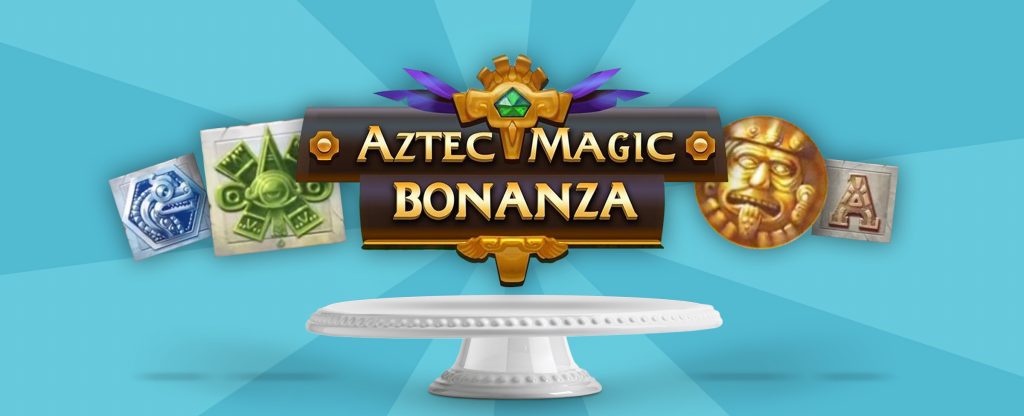 Seen hovering above a white cake stand is the main logo from the Cafe Casino slots game, Aztec Magic Bonanza, featuring gold words embedded on a bronze sign with a green jewel.
