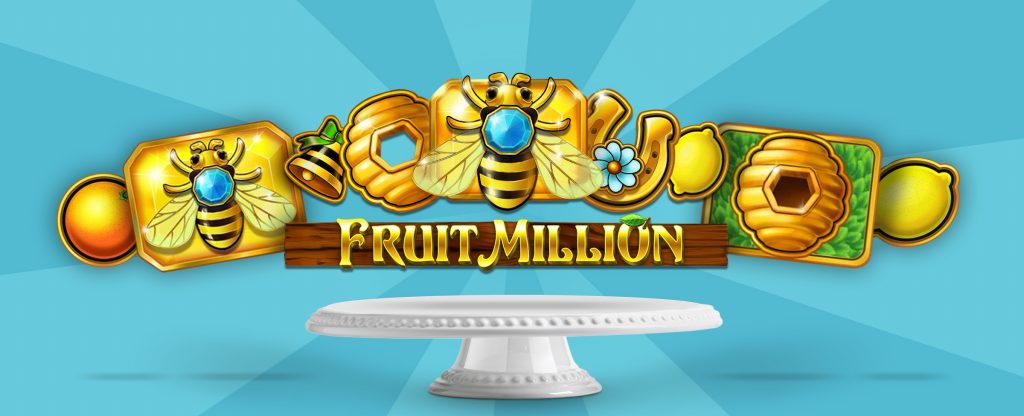 Floating above a white cake stand is the logo from the Cafe Casino slots game, Fruit Million, featuring a bumblebee on top of a gold bar.